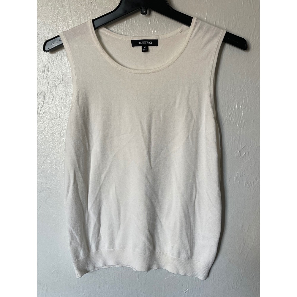 Ellen Tracy Womens White Sleeveless‎ Knit Shell Top Crew Neck Size M